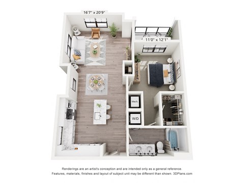 Floor plan for 1 bed, 1 bath, 878 sqft
